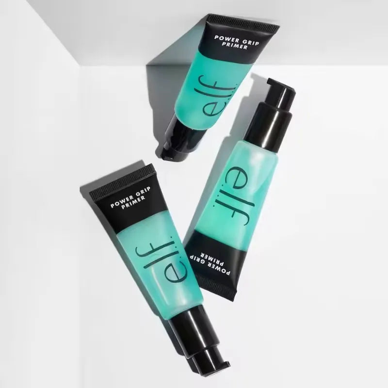Three tubes of e.l.f. Power Grip Primer on a light gray background