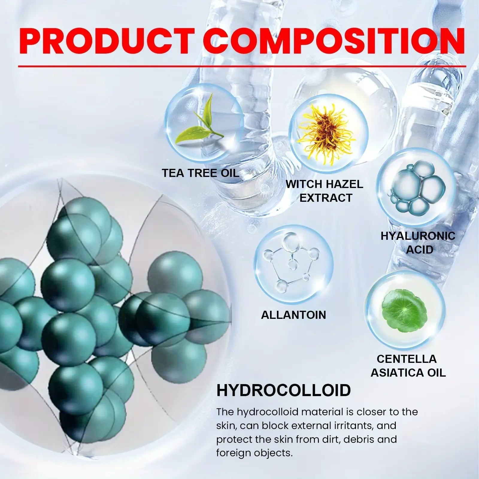 Product composition diagram with tea tree oil, witch hazel extract, hyaluronic acid, allantoin, centella asiatica oil, and hydrocolloid material.