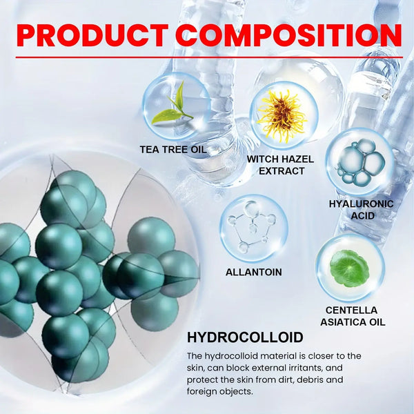 Product composition diagram with tea tree oil, witch hazel extract, hyaluronic acid, allantoin, centella asiatica oil, and hydrocolloid material.