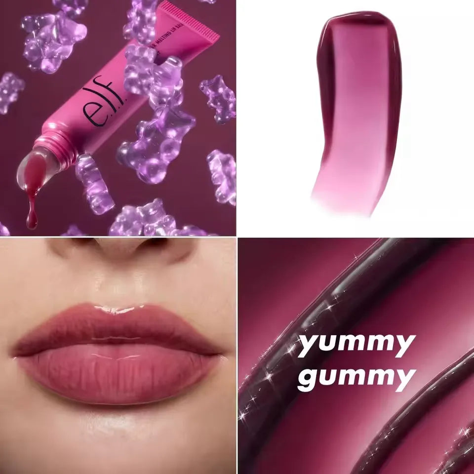 Collage of a pink lip gloss with gummy bear graphics and a close-up of lips wearing the product.