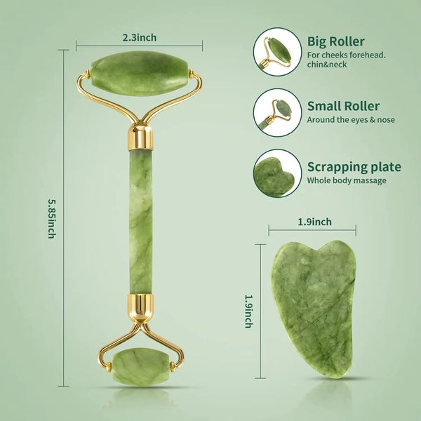 Natural Jade Roller & Gua Sha Set - Cooling Facial Sculpting Kit BEAUXUS