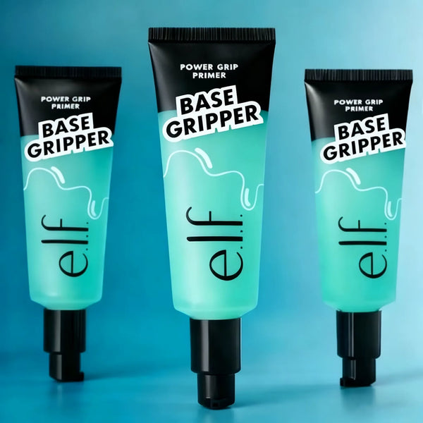 Three tubes of e.l.f. Base Gripper on a blue background