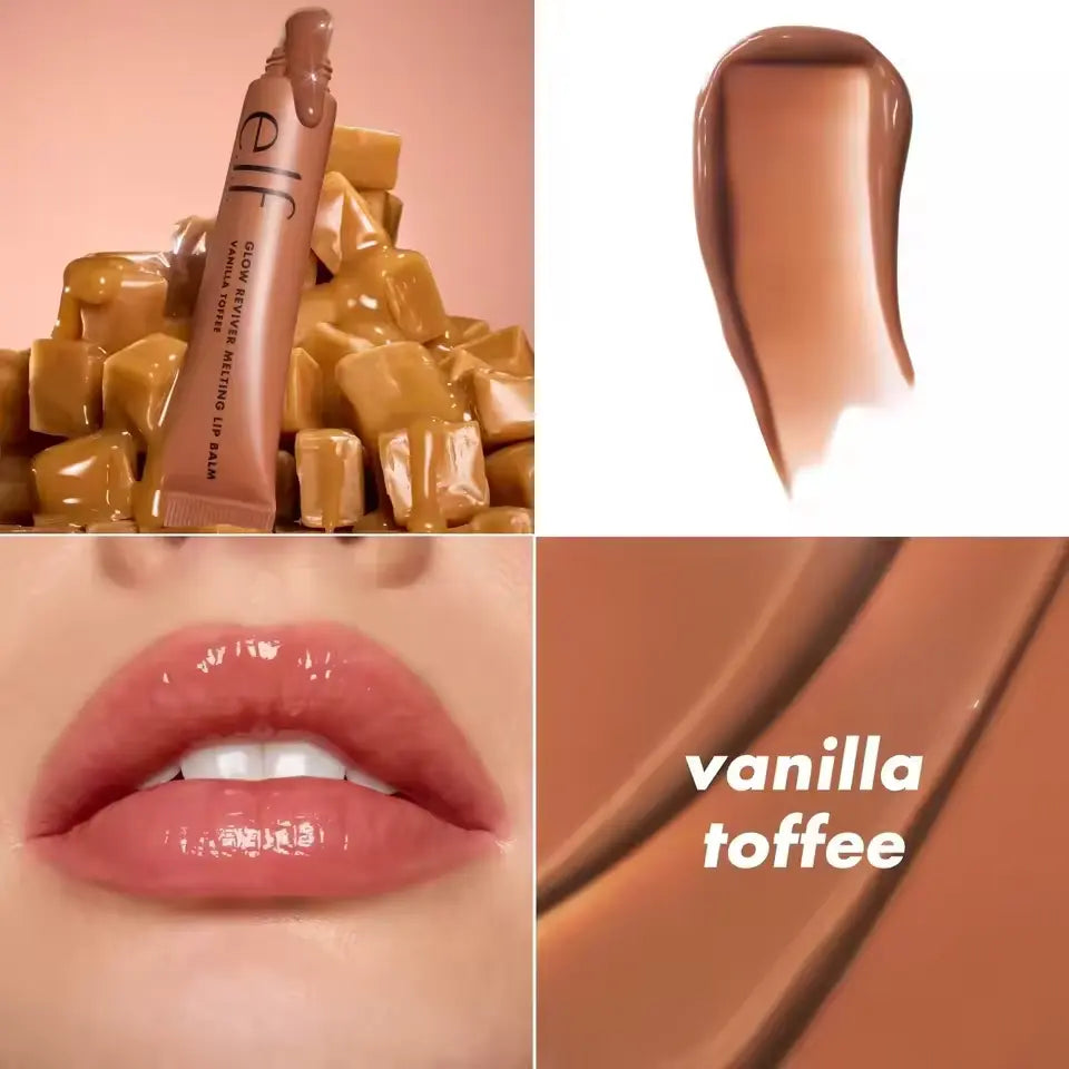 Collage of a lip product with caramel, a swatch, on lips, and 'vanilla toffee' text.