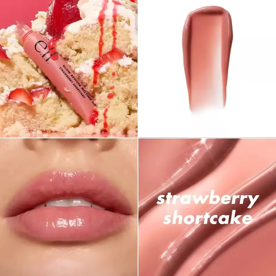 Collage of a lip gloss with strawberry shortcake flavor, applied to cake and lips.