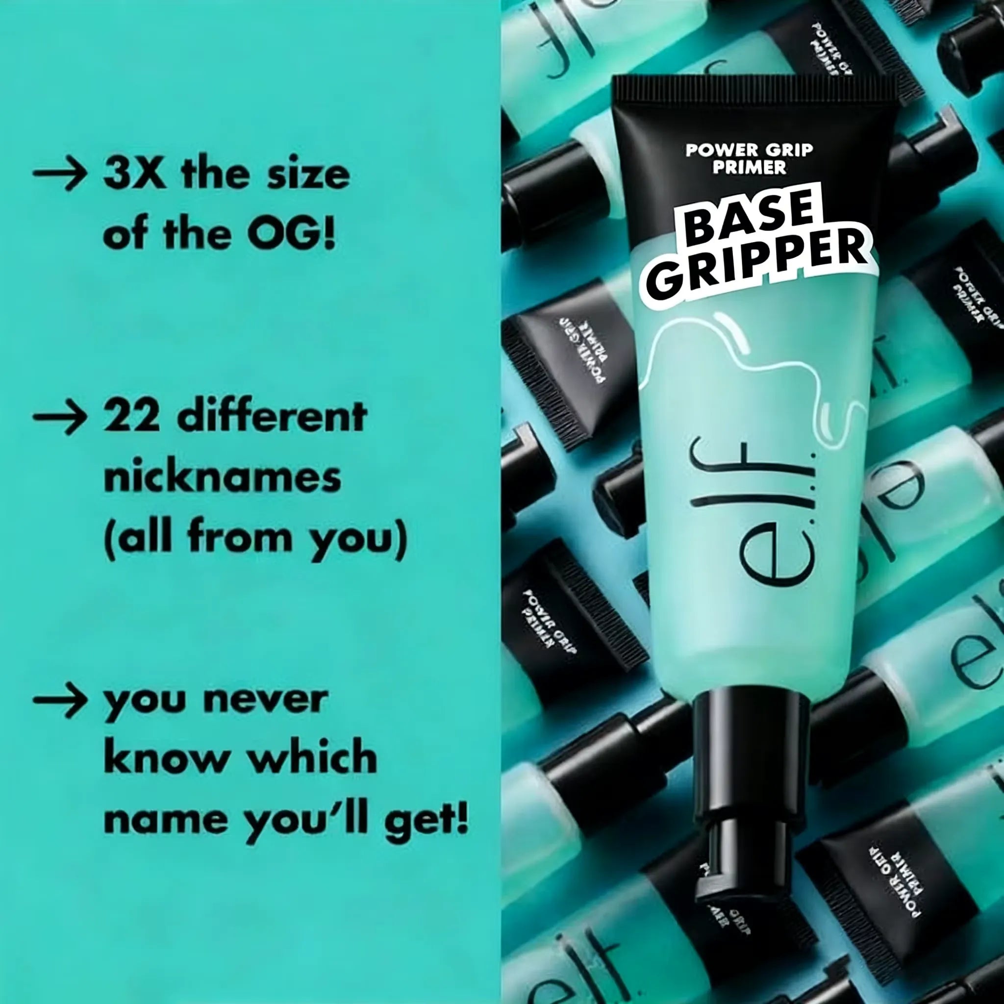 Base Gripper primer tube with promotional text on a teal background