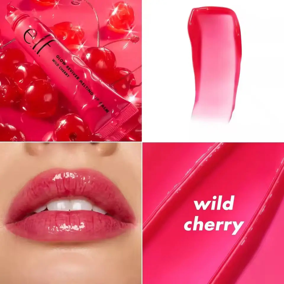 Collage of a lip product with cherry design, close-up of lips wearing the product, and product packaging.