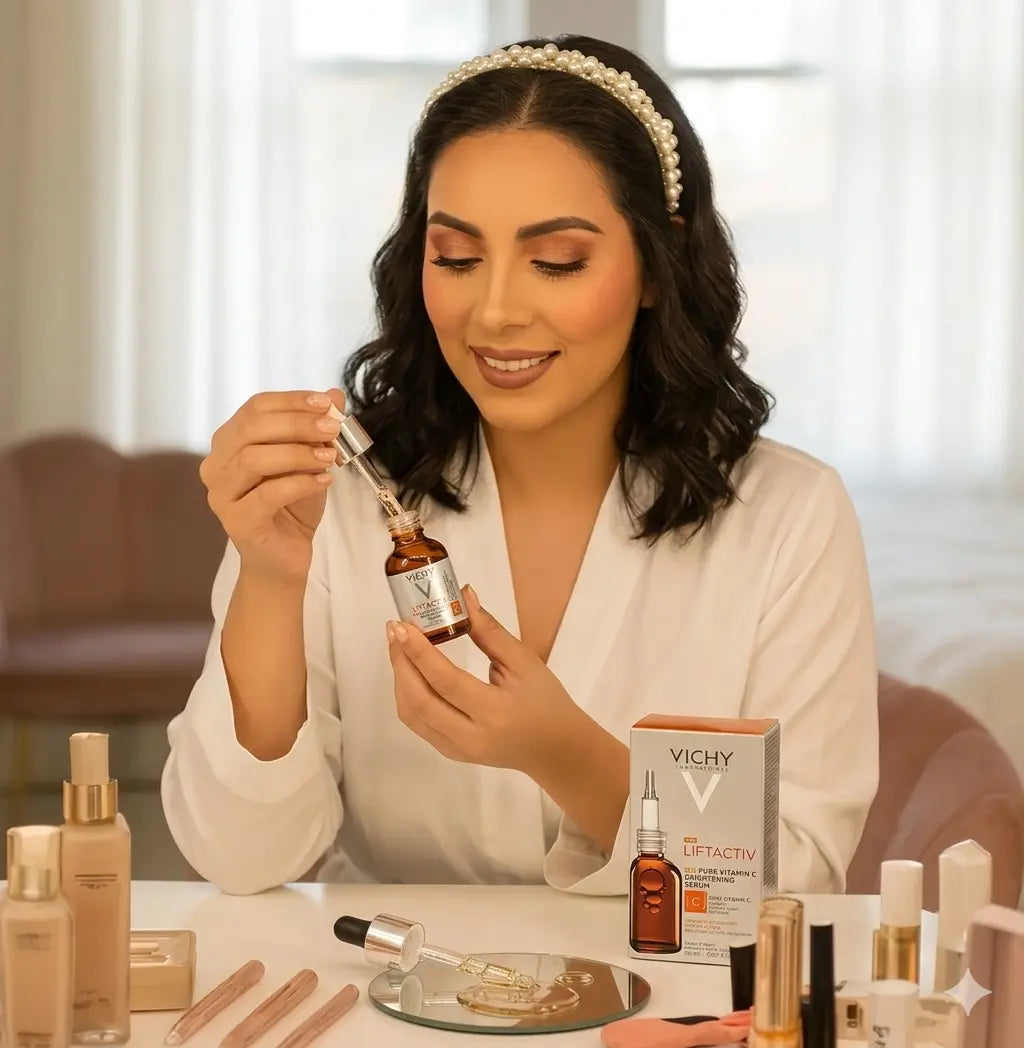 Woman holding a Vichy skincare product in a well-lit room