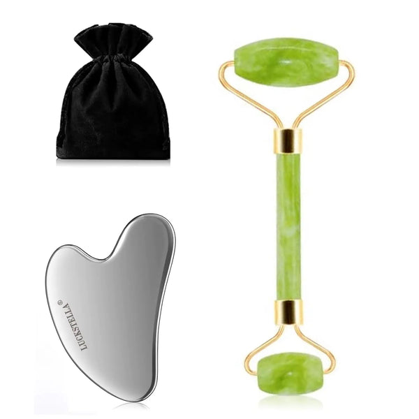 Natural Jade Roller & Gua Sha Set - Cooling Facial Sculpting Kit BEAUXUS