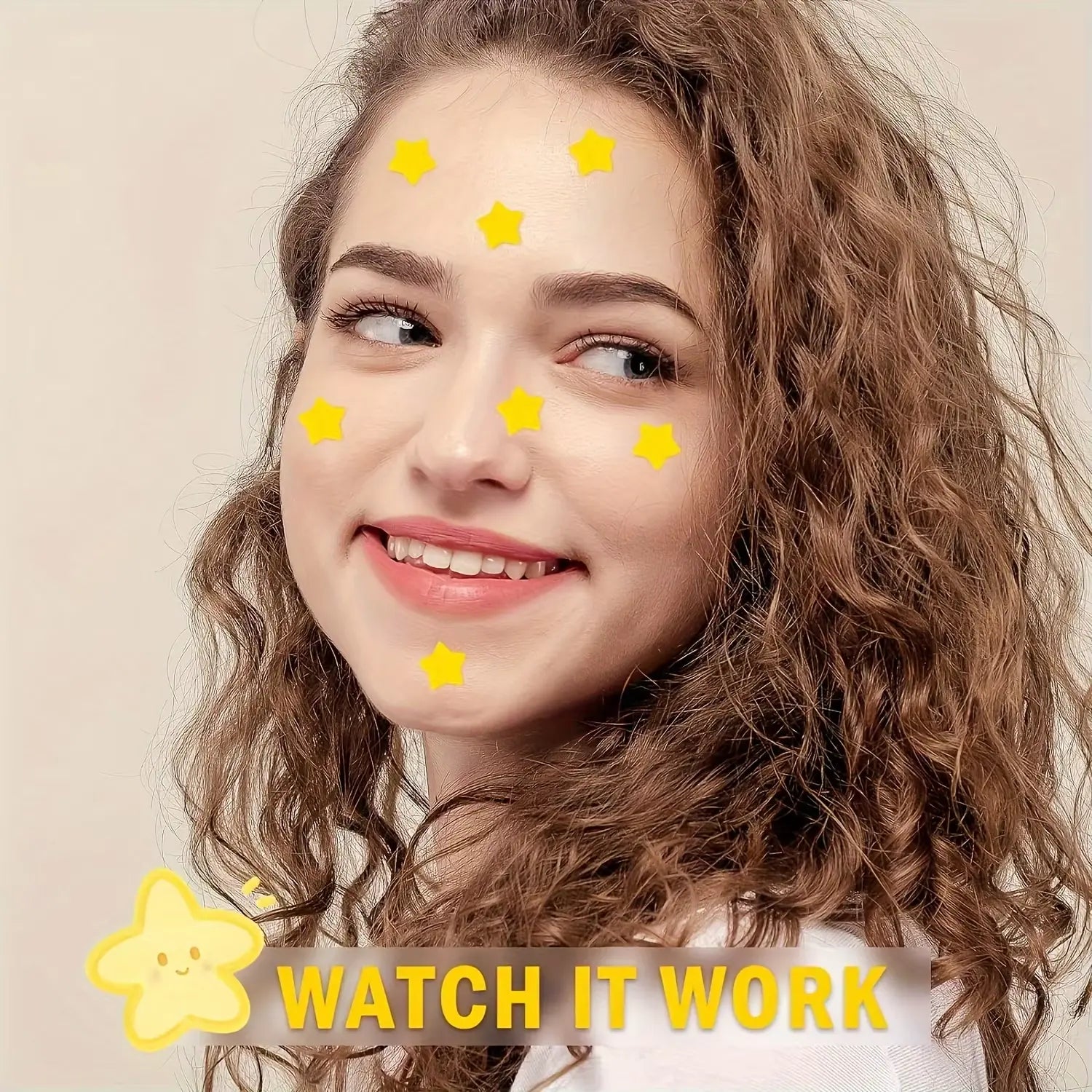 Woman with wavy hair and yellow stars on a beige background with 'Watch It Work' text.