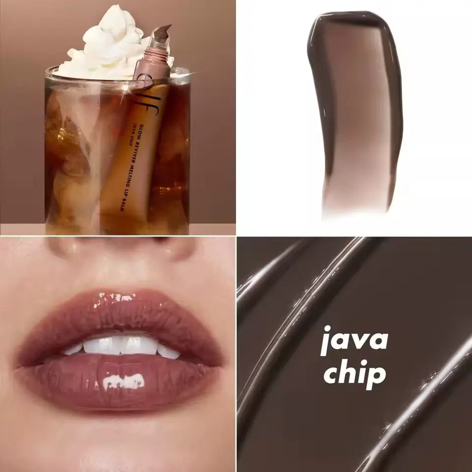 Collage of a coffee drink with whipped cream, a lip swatch, and a close-up of lips wearing the shade 'java chip'.
