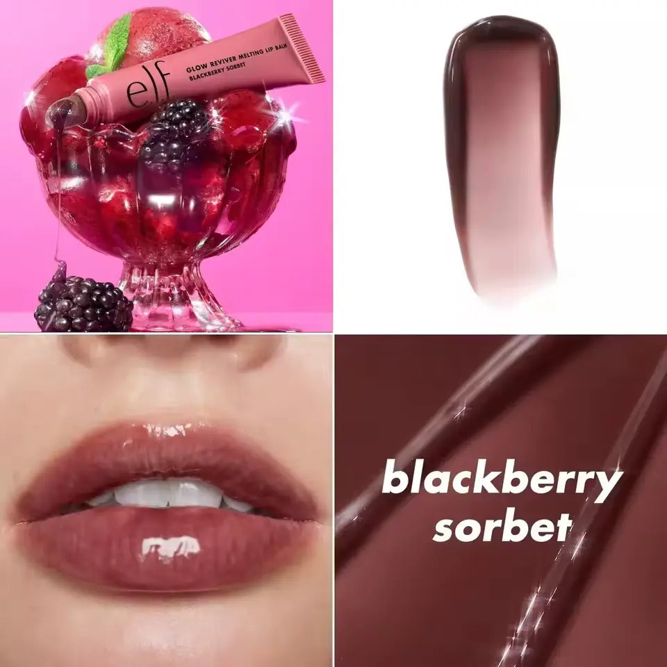 Collage of a lip balm with blackberries, a close-up of the lip balm, a swatch of the color, and a person wearing the lip balm.