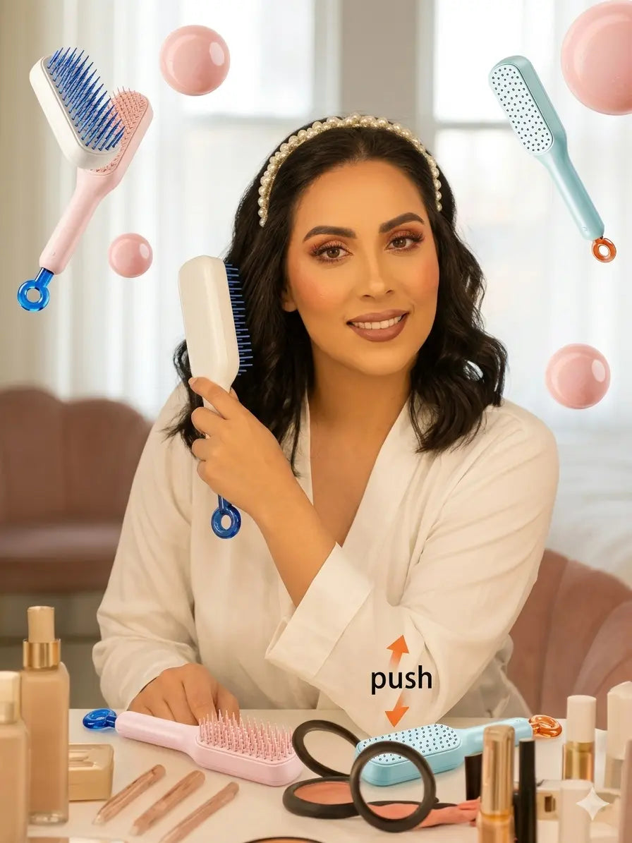 Woman holding a hairbrush with various hairbrushes and cosmetic products in the background