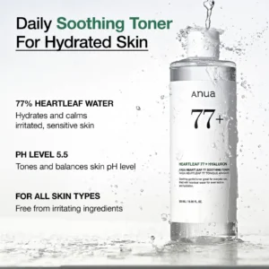 Anua Heartleaf 77 Toner con 77 % de agua de heartleaf y pH 5.5 para todo tipo de piel